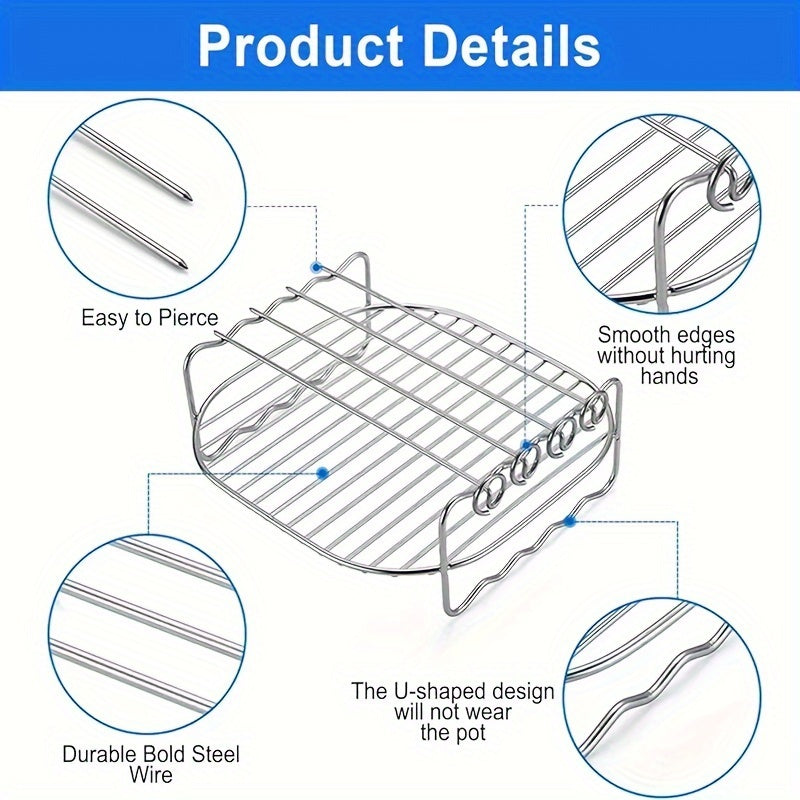 Stainless Steel Air Fryer Accessories Set with Double-Layer Grill Skewers Bread Rack and Steamer