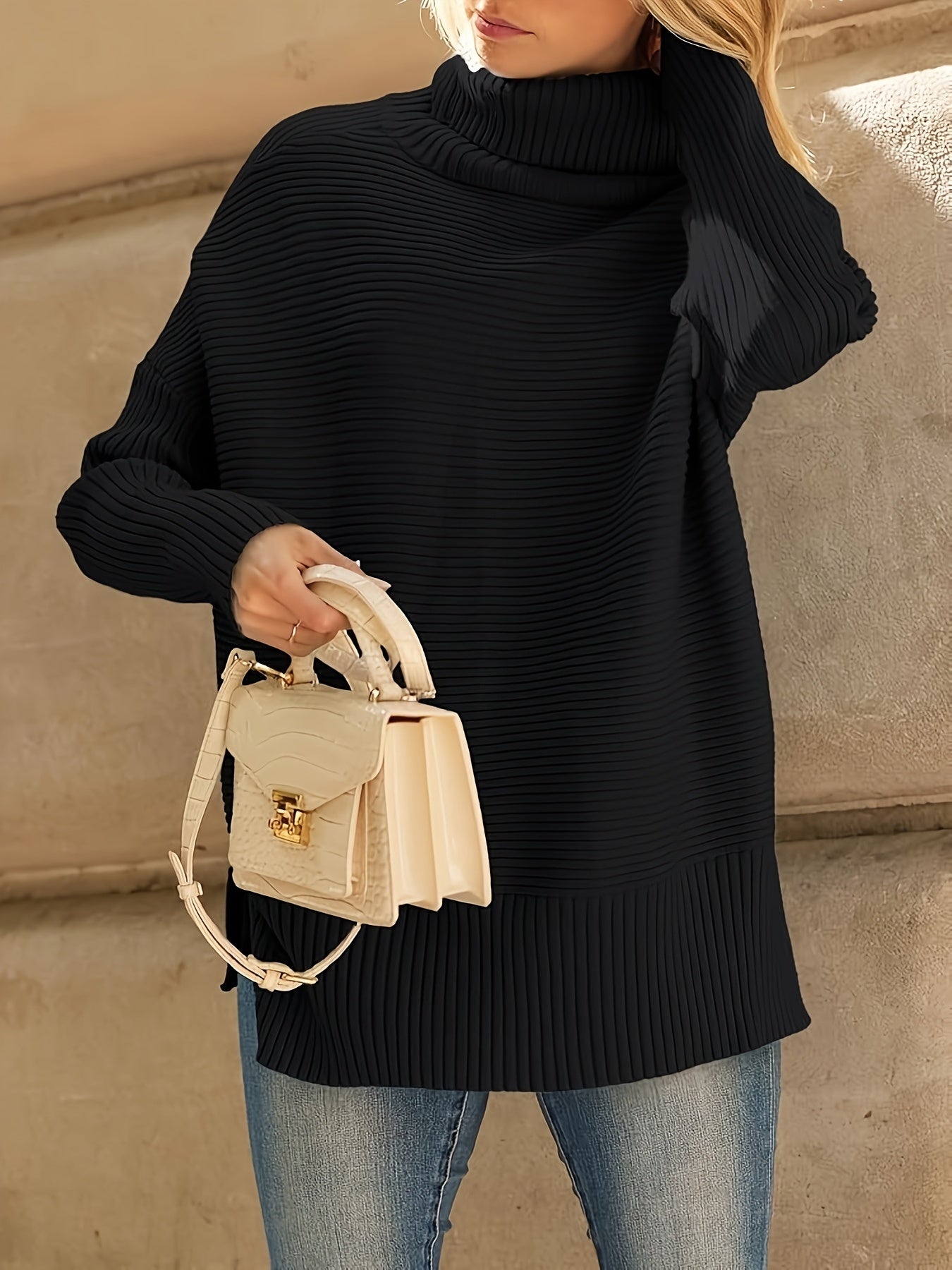 Women's Oversized Turtleneck Sweater Black Loose Fit Fall Winter Pullover