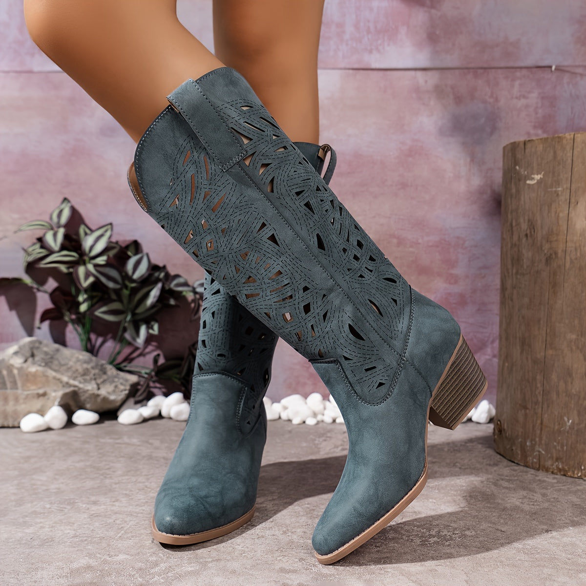 Women's Leather Slip-On Western Boots with Breathable Design for Summer and Travel