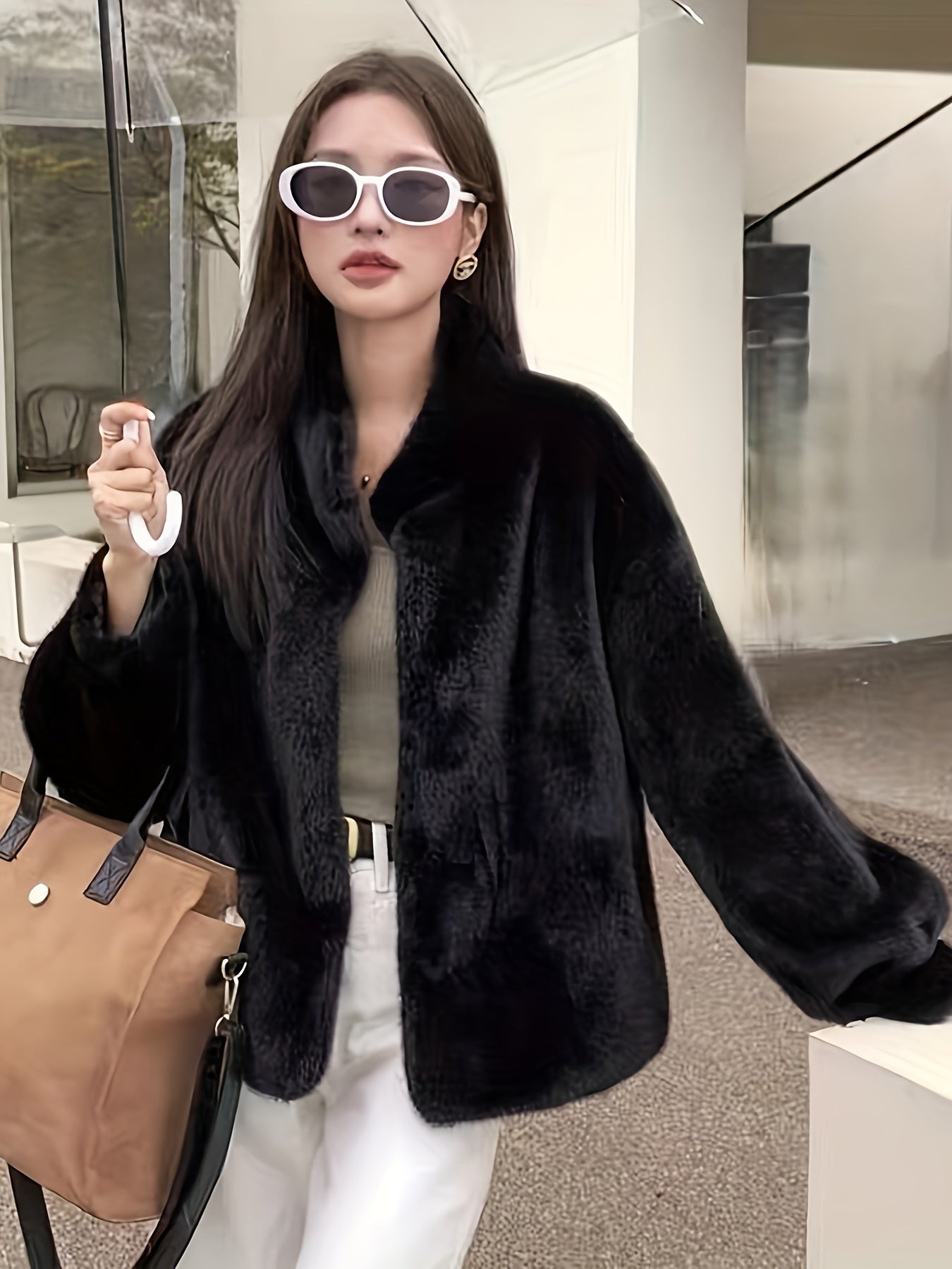 Women's Faux Fur Coat Long Sleeve Open Front Casual Winter Solid Color