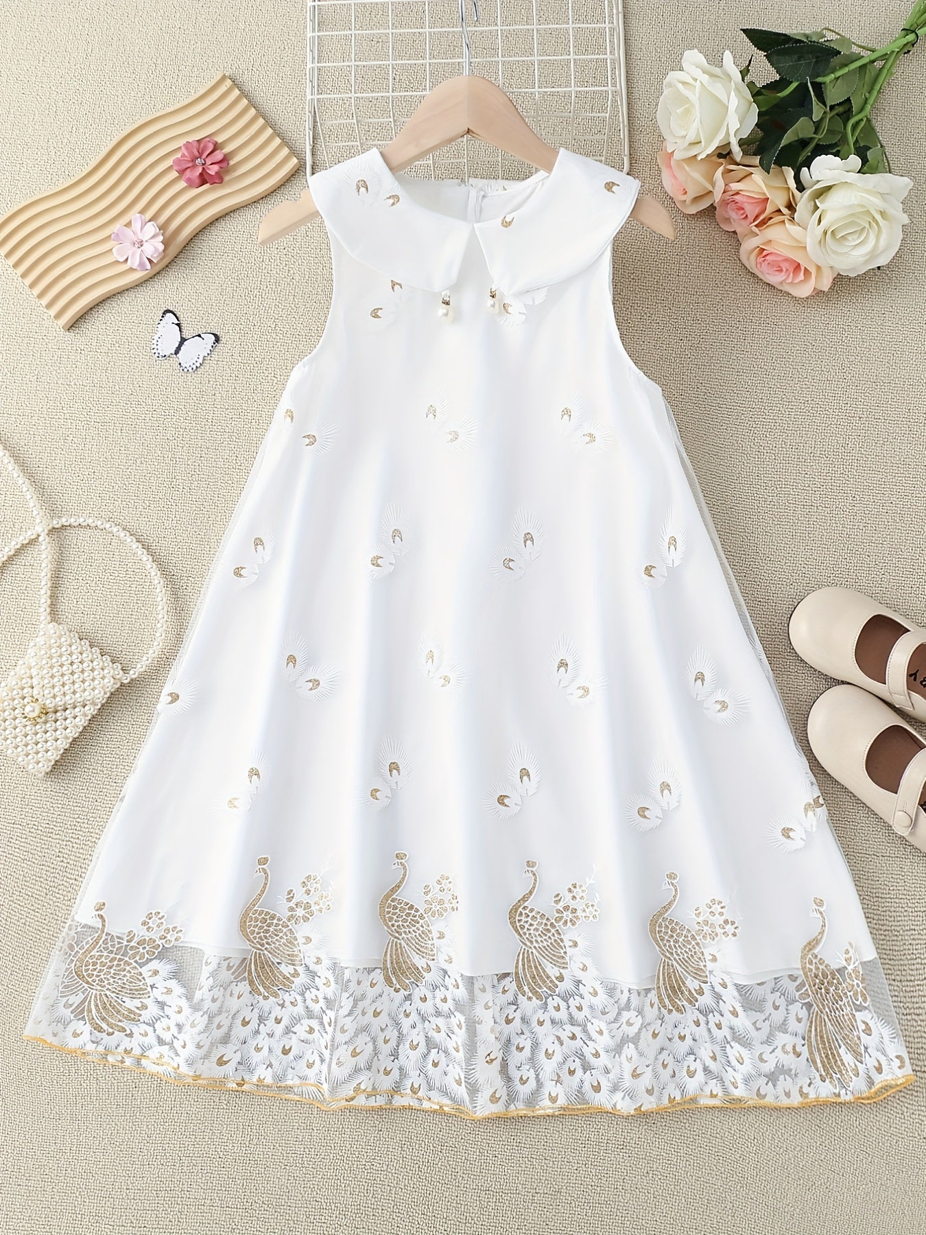 Toddler Girls Mesh Princess Dress with Peacock and Flower Pattern for Parties and Summer