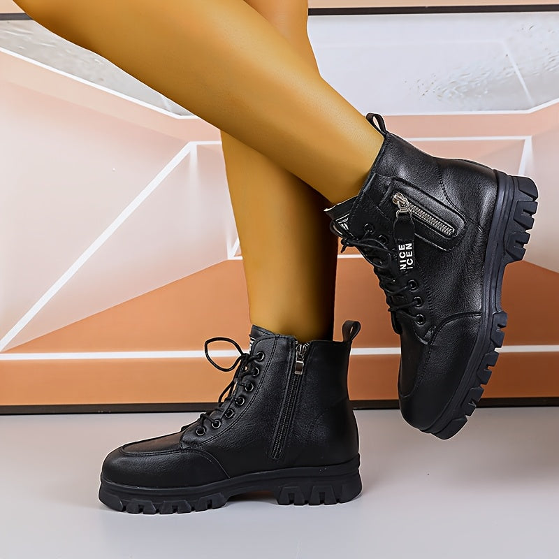 Women's Faux Leather Chunky Platform Winter Snow Boots with Zipper