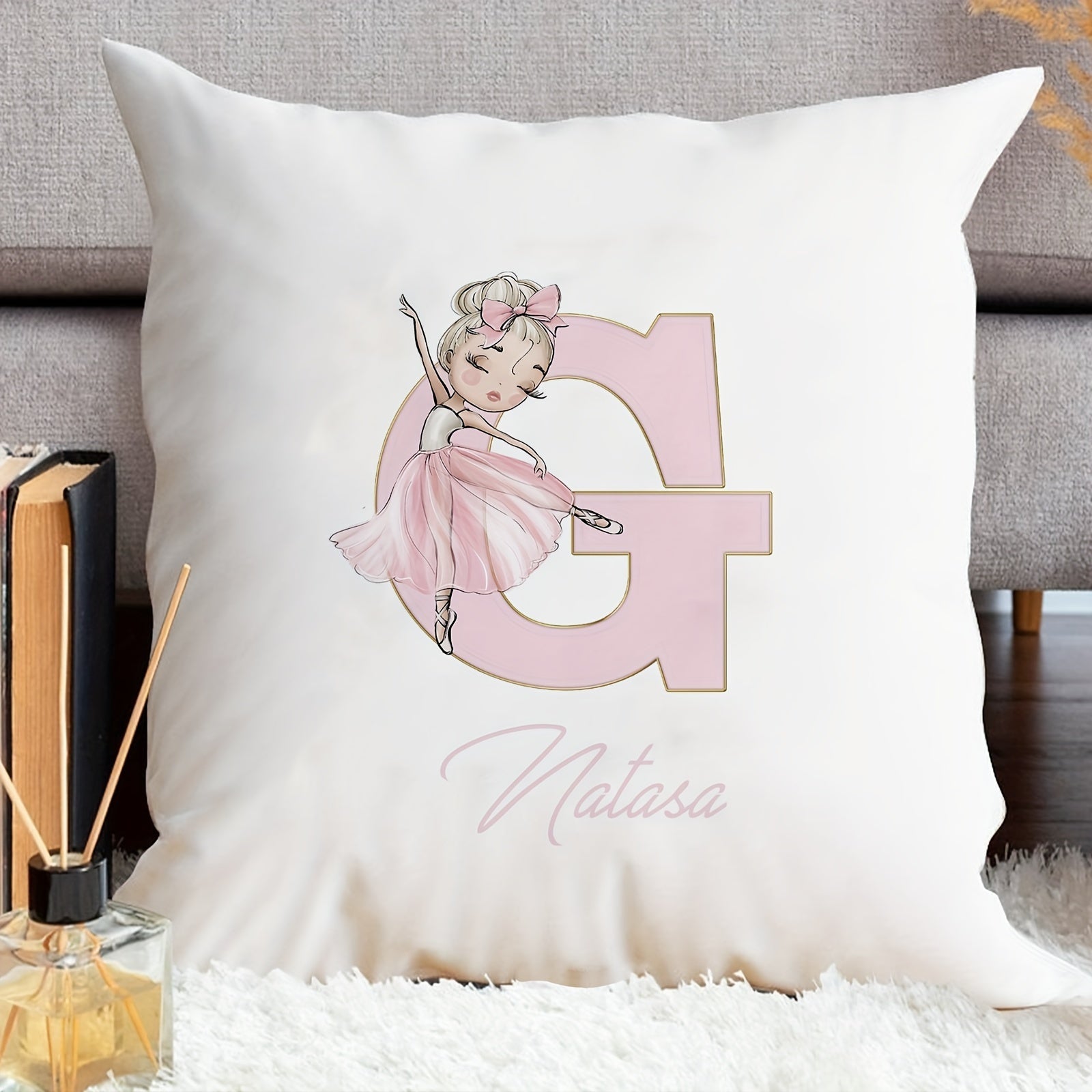 Shaxsiylashtirilgan samoviy yostiq qopqog'i, balet qiz dizayni bilan, pushti harflar, divan uchun dekor, bitta tomonli bosma