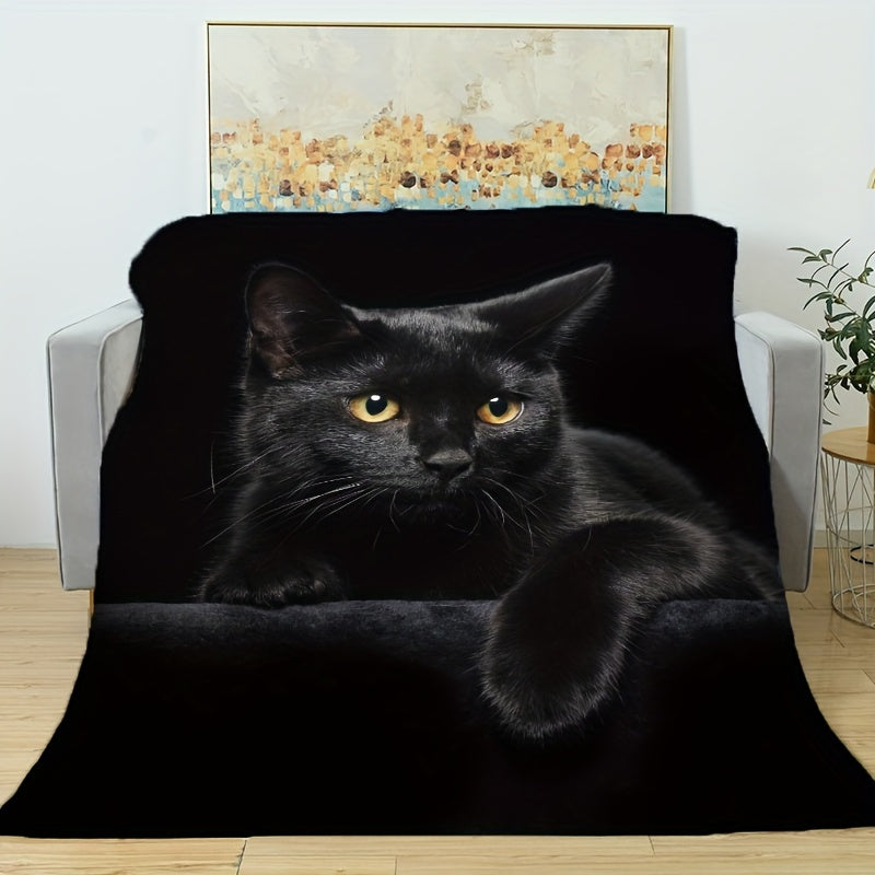 Black Cat Flannel Throw Blanket Cozy Soft Sofa Bed Halloween Gift