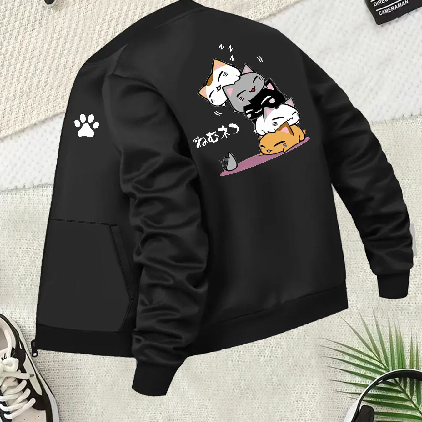 Plus Size Women's Casual Black Cat Print Baseball Collar Jacket with Pockets