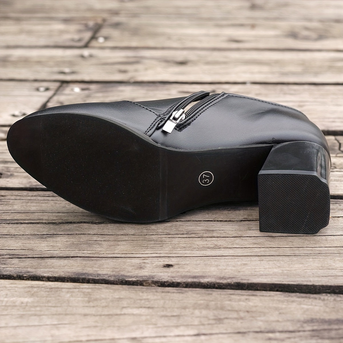 Women's Solid Color Block Heel Pumps with Side Zipper and Slip-On Design