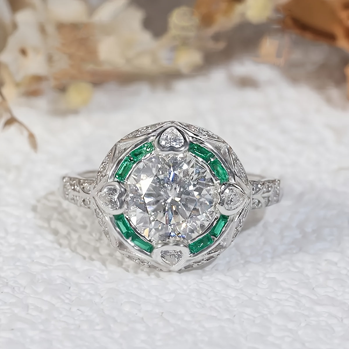 Women’s 2Ct Moissanite Engagement Ring Silver Bohemian Court Style Green Accents