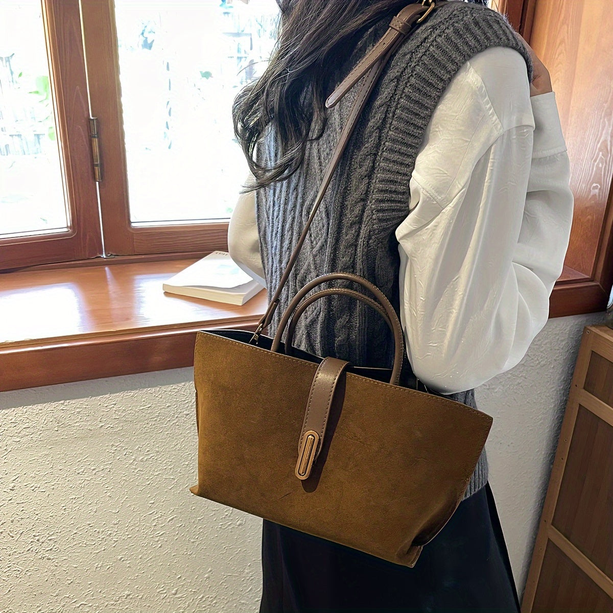 Vintage Suede Leather Tote Bag with Adjustable Shoulder Strap and Turn Lock Closure