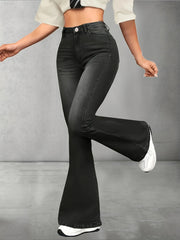 Women's High Waist Flare Leg Jeans in Black Stretch Denim with Whiskering Detail