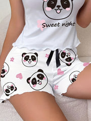 Women's Sleep Shorts with Panda Print Frill Trim Elastic Waist Casual Loungewear