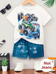Boys' Summer Car Pattern Short Sleeve T-Shirt and Imitation Denim Shorts Set Kids' Casual Clothing
