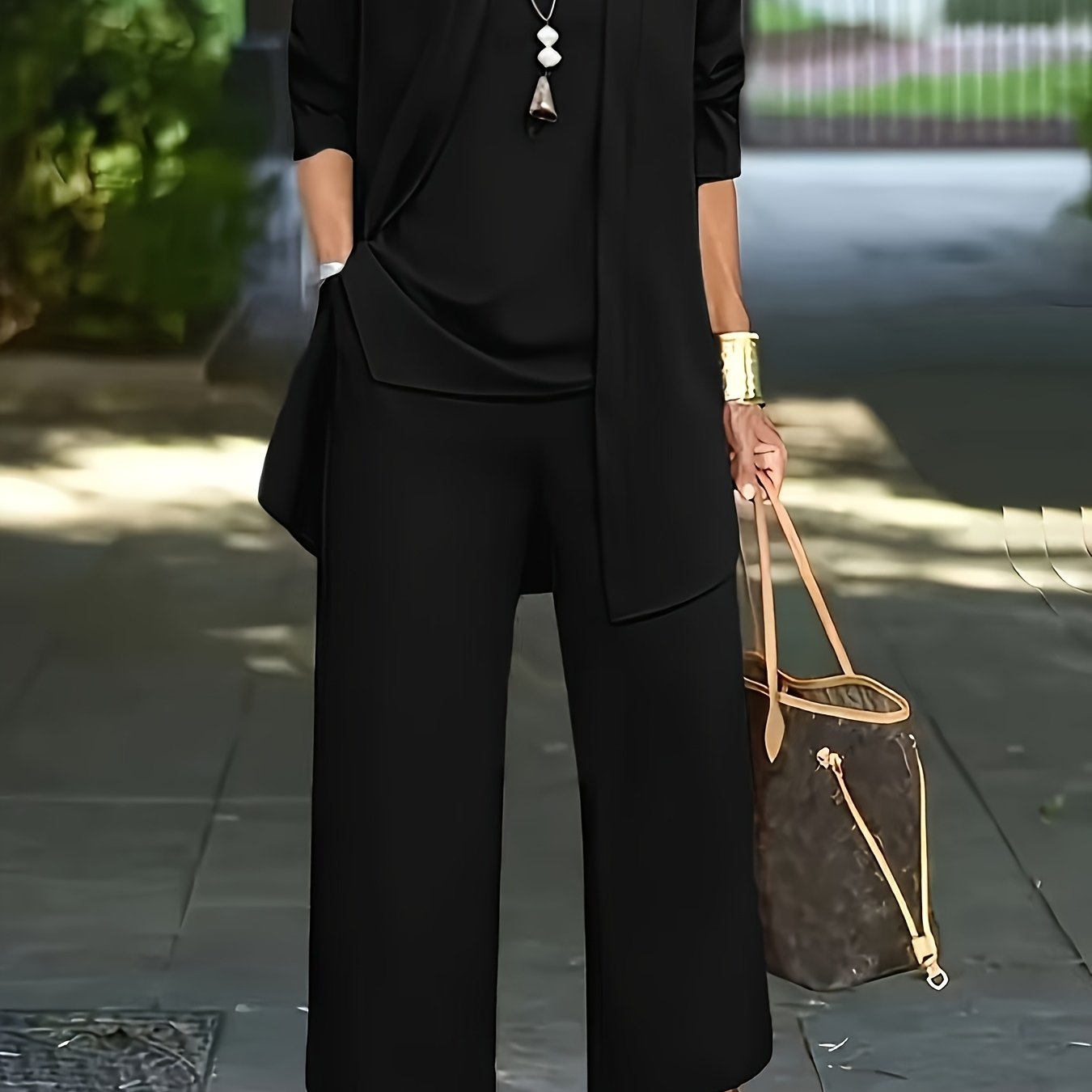 Conjunto de dos piezas para mujer, camiseta de cuello redondo y pantalones de pierna ancha, otoño e invierno, mezcla de poliéster, elástico