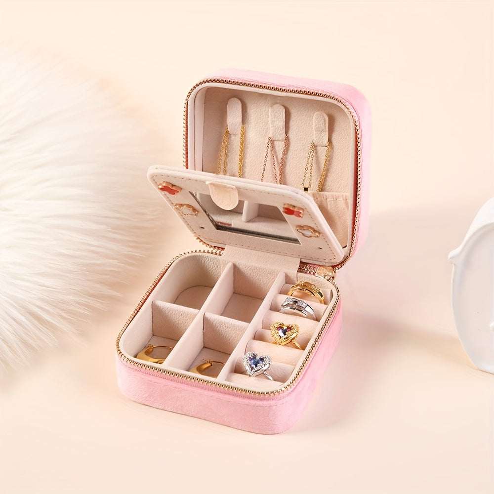 Velvet Jewelry Box with Mirror and Dual-Layer Zippered Storage for Accessories