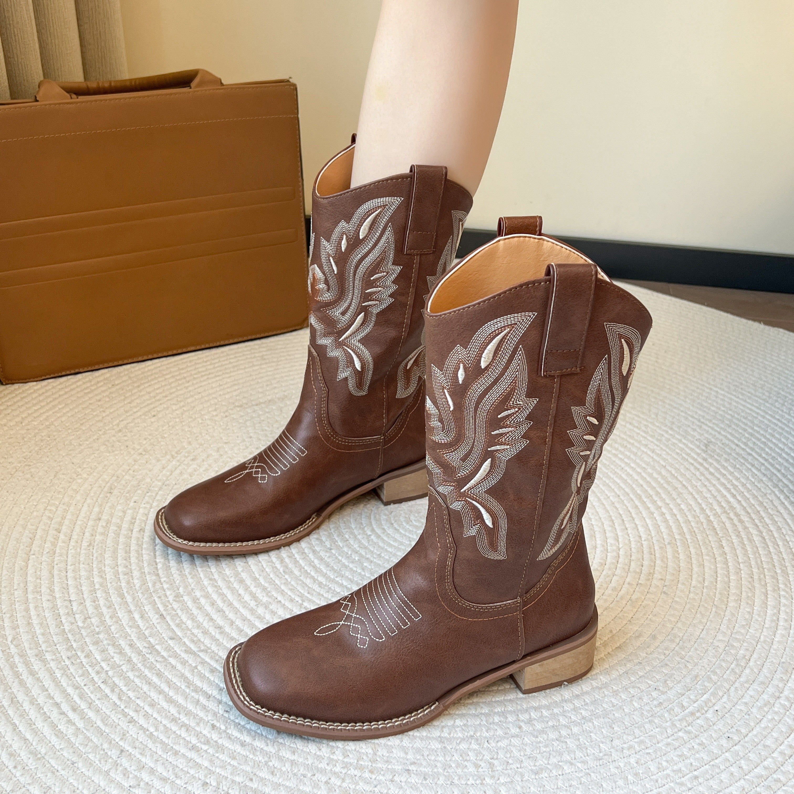 Women's Ankle Boots Floral Embossed PU Leather Wooden Heel Casual Footwear