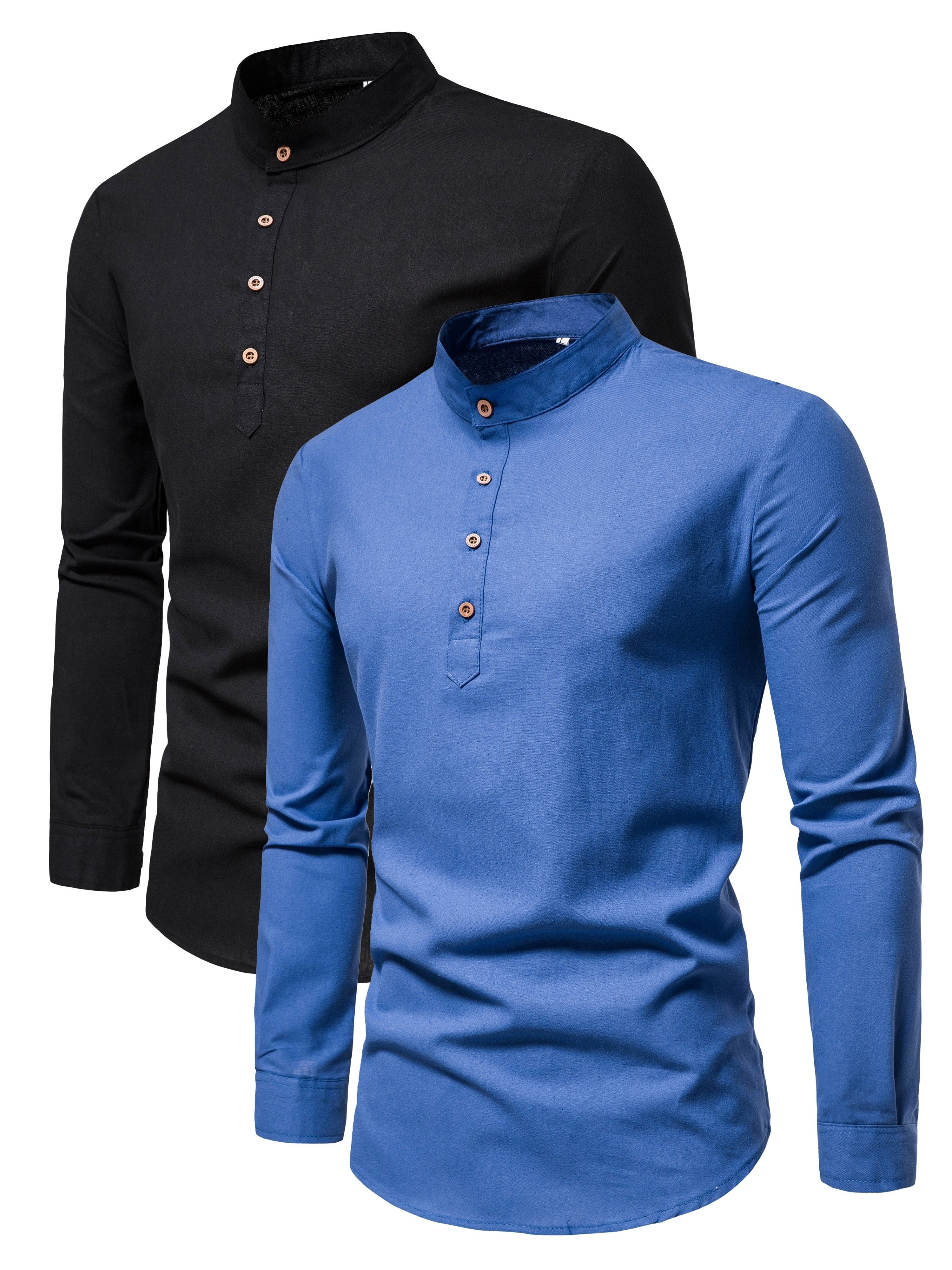 Men's Cotton Long-Sleeve Shirt Set Spring Autumn Stand Collar Slim Fit Solid Color Outdoor