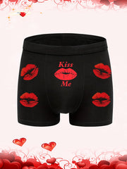 Men's Black Boxer Shorts with Red Lips and Letter Print for Valentine's Day