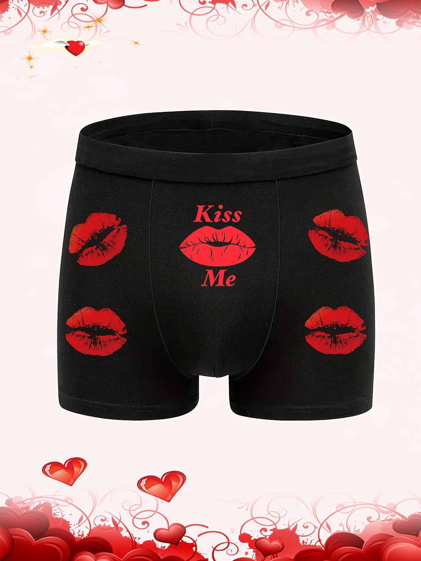 Men's Black Boxer Shorts with Red Lips and Letter Print for Valentine's Day