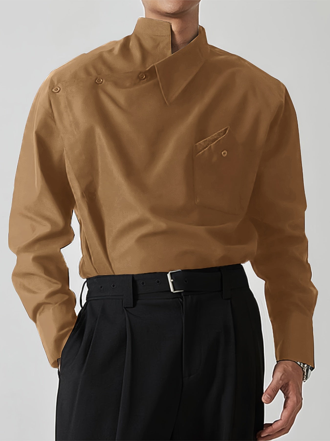 Men's Vintage Solid Color Polyester Shirt with Asymmetrical Lapel Collar and Drop Shoulder for Spring Fall Outings