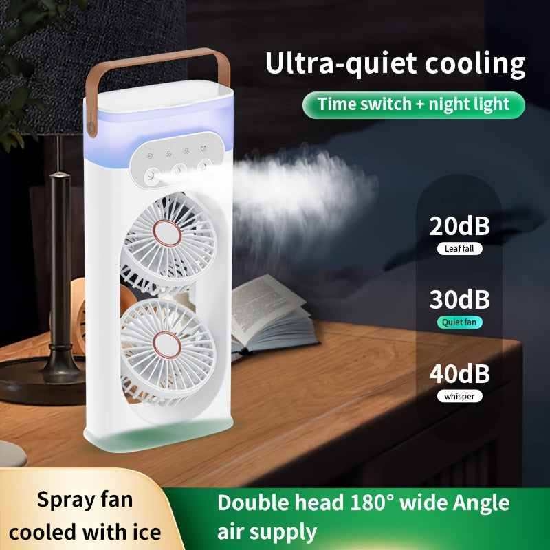 Portable Table Fan with Dual USB Fans and Humidifying Mist, Quiet Indoor Outdoor