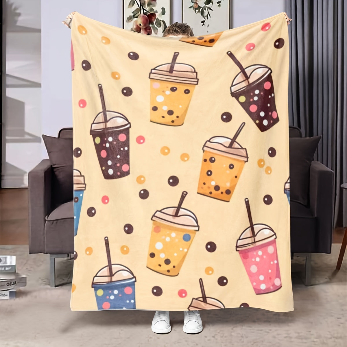 Modern Boba Tea Cartoon Bubble Pattern Flannel Throw Blanket Soft Lightweight for Bed Sofa