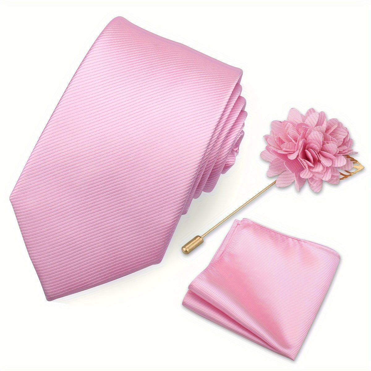 Men's Tie Set with Pocket Towel and Brooch, Classic Striped Plain Design