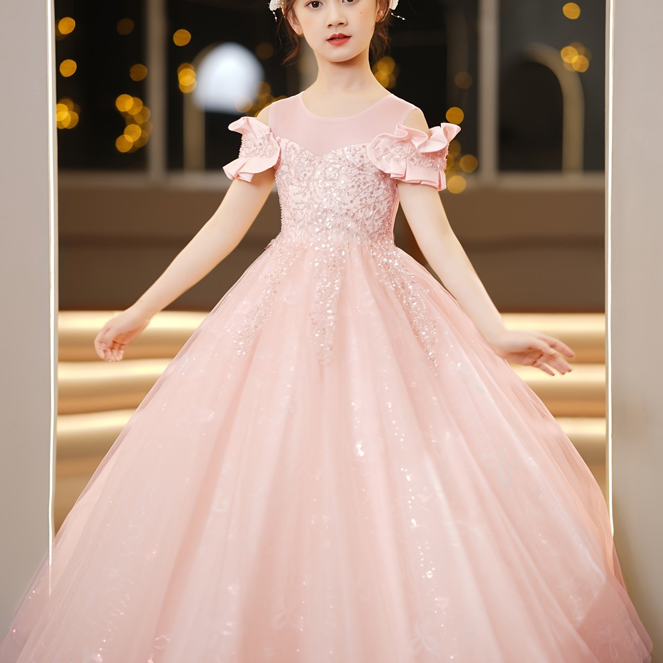 Girls Light Pink Princess Dress Sleeveless Ruffle Tulle Skirt for Pageants Weddings and Performances