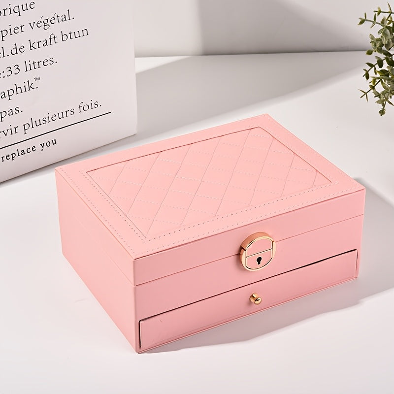 Organizador de joyas de cuero sintético de lujo con cerradura y cajones para mujeres y niñas