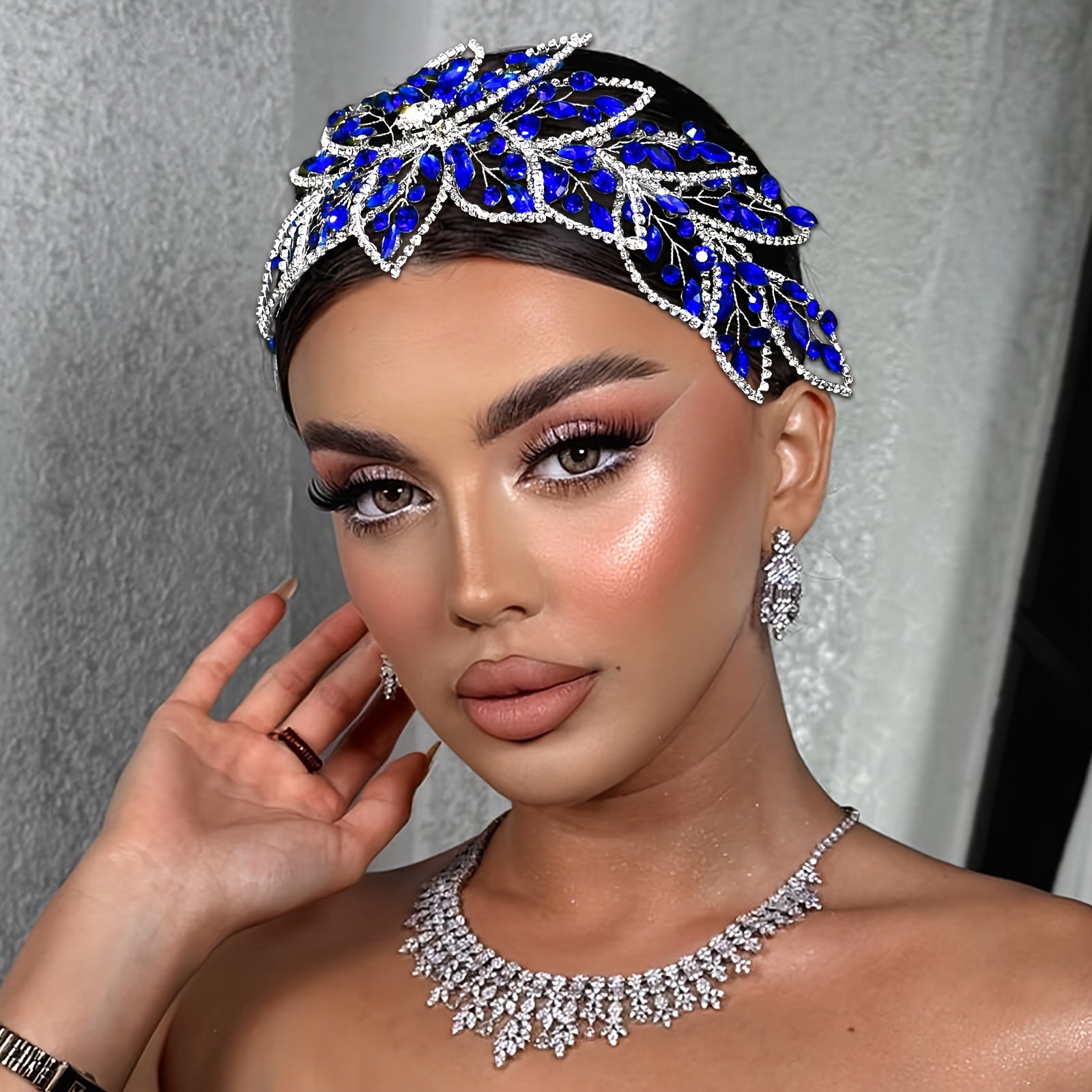 Blue Hairband with Rhinestones and Hollow-Out Design for Weddings and Special Occasions