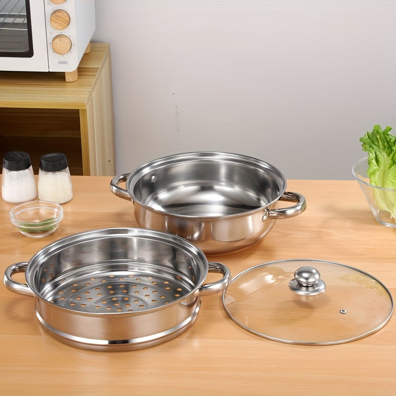 Stainless Steel Double-Layer Steamer Pot with Transparent Lid and Composite Bottom