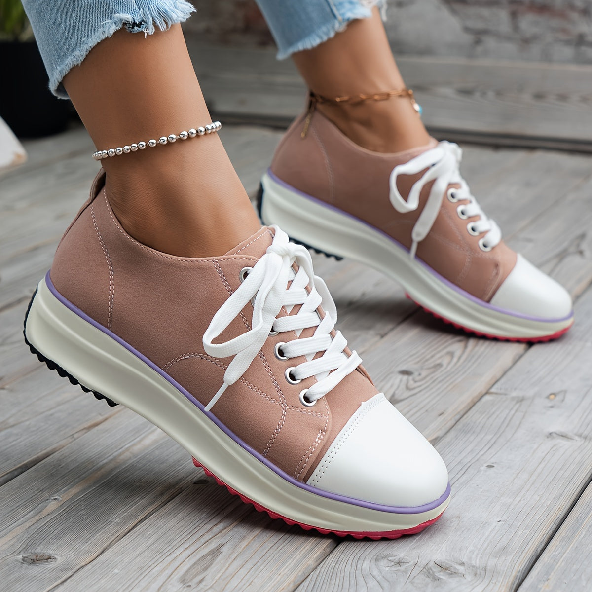 Women's Casual Non-Slip Lace-Up Sneakers with Thick Soles