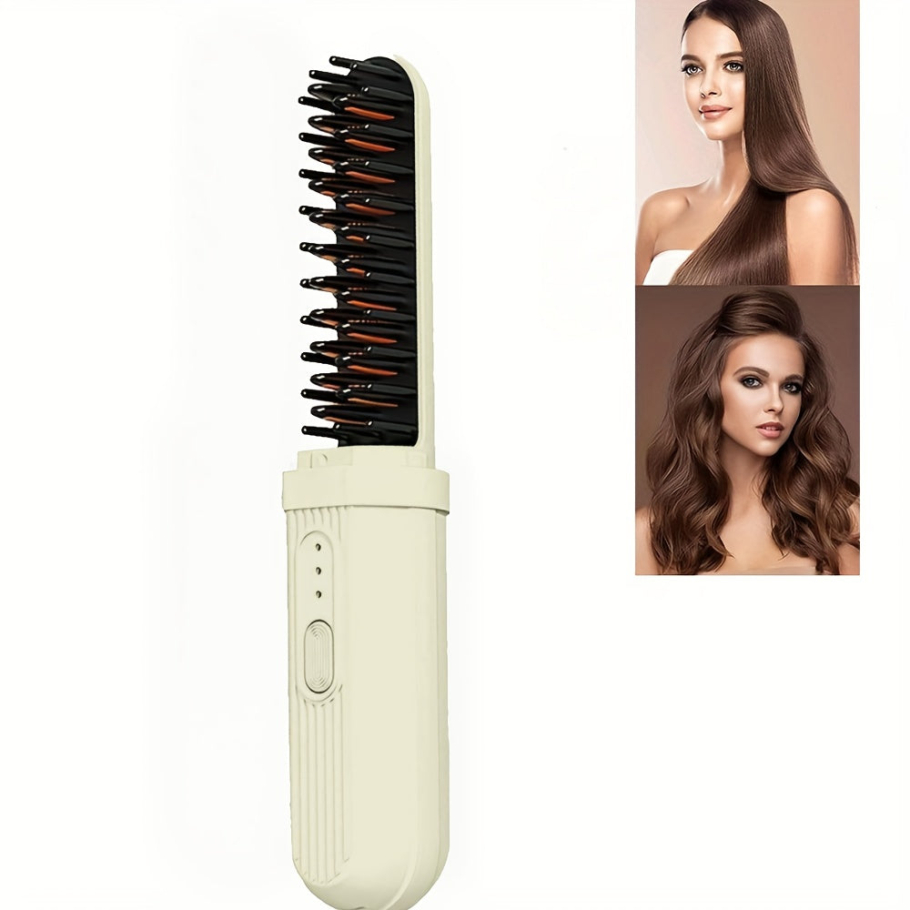 Беспроводная щетка для выпрямления волос с 3 уровнями температуры, перезаряжаемый литий-ионный аккумулятор USB-C, портативная для путешествий, двойного назначения для выпрямления и завивки
