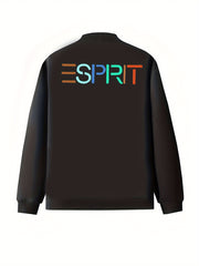 Plus Size Women's Black Graphic Zip-Up Bomber Jacket with Pockets