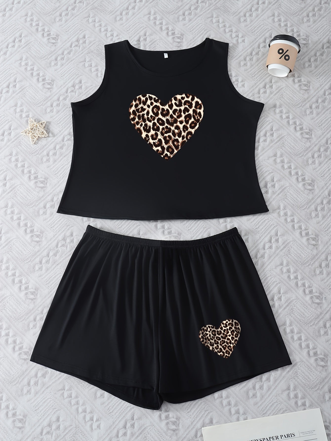 Plus Size Women's Leopard and Heart Print Pajama Set with Tank Top and Shorts