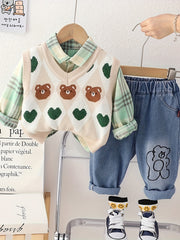 Boys' 3-Piece Knit Vest Shirt and Jeans Set for Kids Age 12 and Under