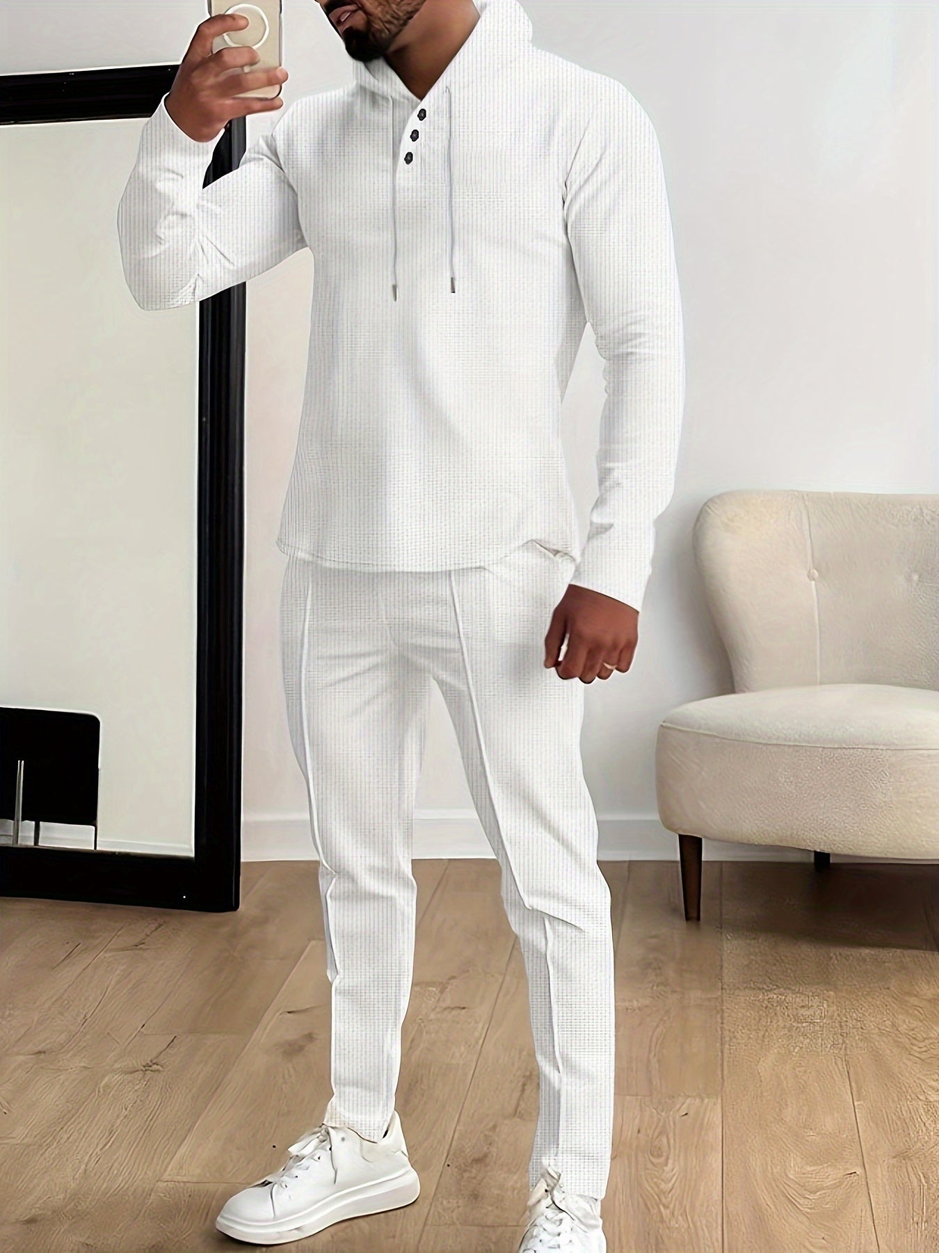 Men's Long Sleeve Hoodie and Pants Set Solid Waffle Knit Casual Autumn