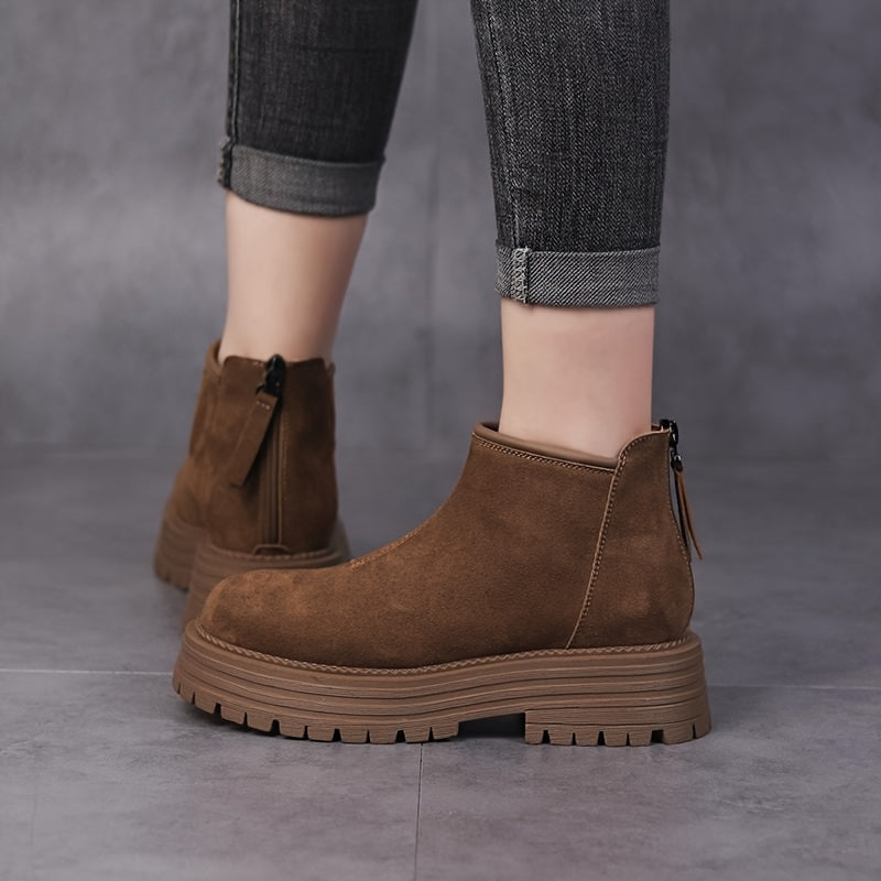 Ayollar uchun vintage ankle botinkalari, mato ustki qismi, dumaloq barmoq, past platforma to'pi, kauchuk taglik, zipper yopilishi, qo'lda yuvilishi mumkin - zamonaviy va ko'p qirrali.