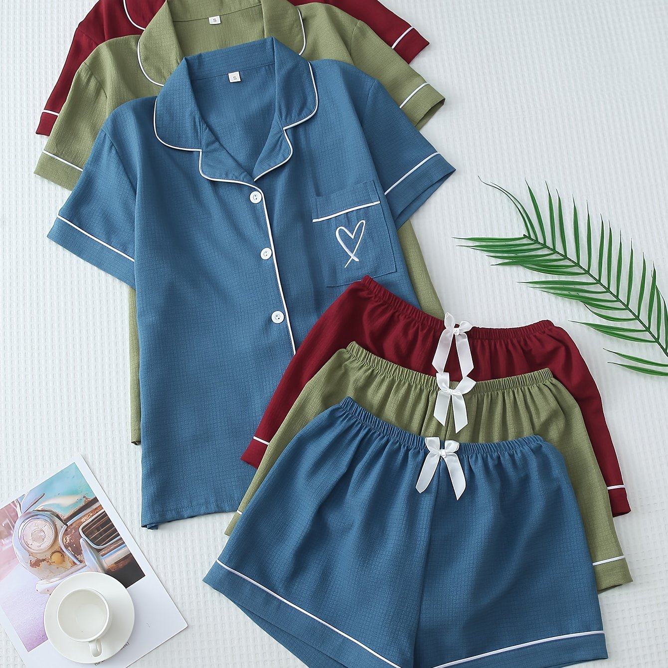 Women's Summer Pajama Set Short Sleeve Top and Bow Shorts 97% Polyester