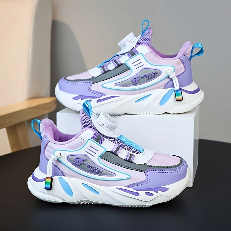 Girls Fleece-Lined Athletic Sneakers Stripes Mid-Top Casual Running Shoes