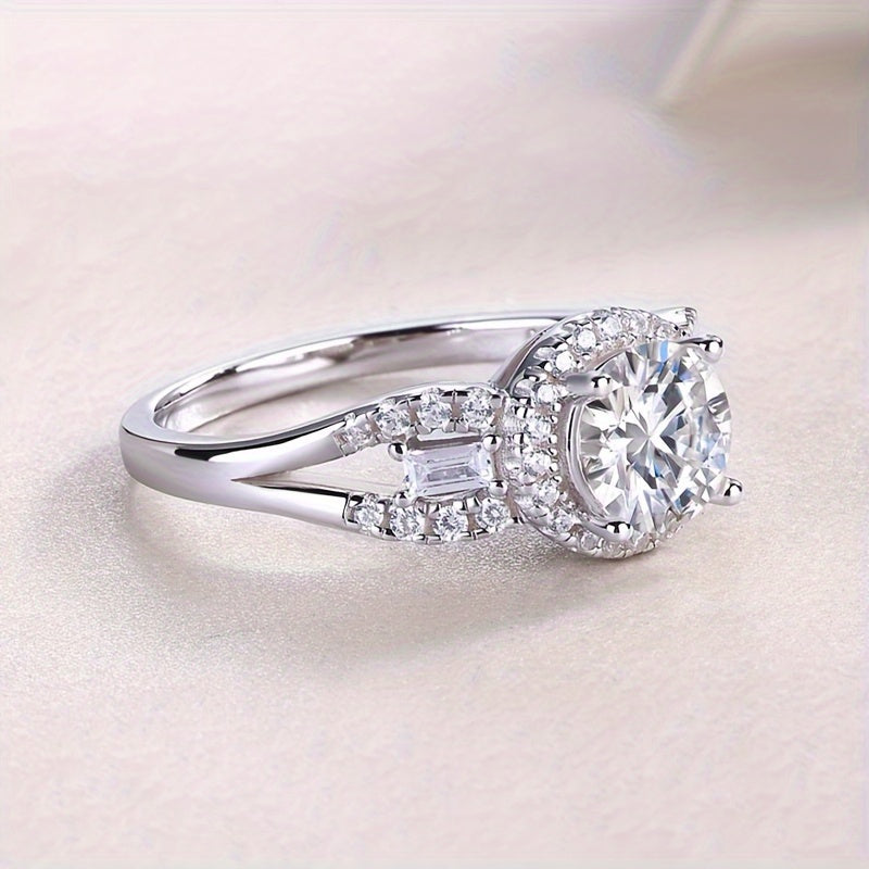 Sterling Silver Promise Ring with 1ct Moissanite Halo 18k Gold Plated Engagement Jewelry