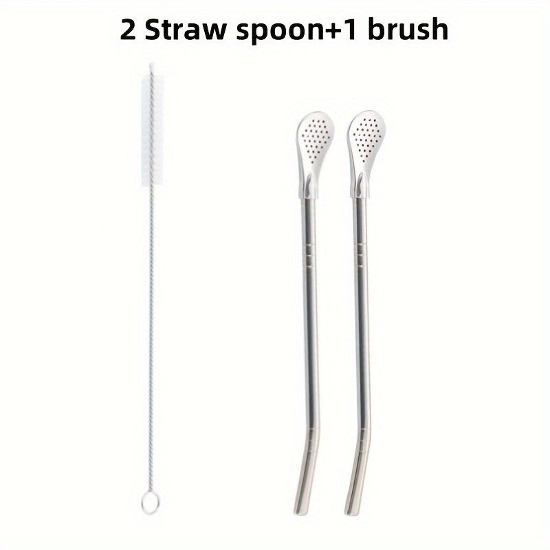 Set of 3 Stainless Steel Straws with Spoons, Cleaning Brush, and Filter