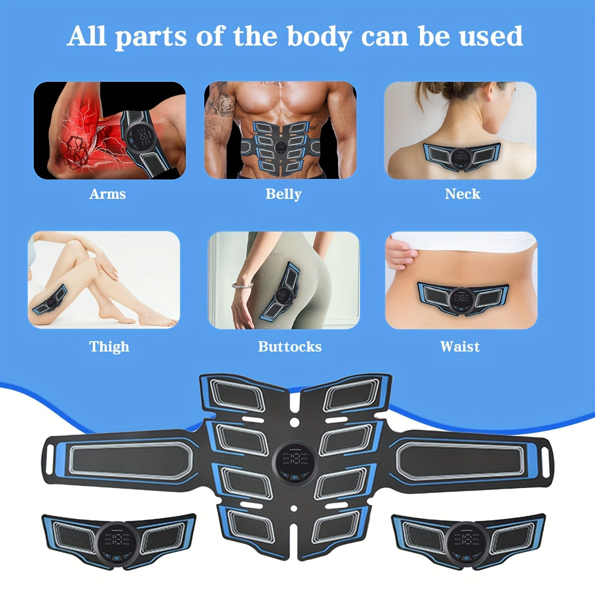 Uydagi fitnes uchun uch qismli USB zaryadlanadigan massaj kamar to'plami, Tens qorin mushaklarini o'rgatish moslamasi va EMS mushaklarni o'rgatish kamarini o'z ichiga oladi. To'liq tana mushaklari uchun 6 rejim va 18 intensivlik darajasini taklif etadi.