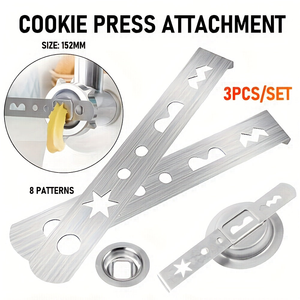 8 ta naqshli pirojnoe qo'shimchasi va zanglamaydigan po'latdan yasalgan pechene qo'shimchasi, ulanish halqasi va 5-o'lchamli go'sht maydalagich uchun pechene qolipi bilan birga, 3 dona o'z ichiga oladi.