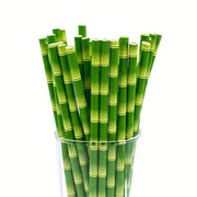 Set of 25 Green Bamboo Paper Straws with Yellow Stripes for Parties and Events
