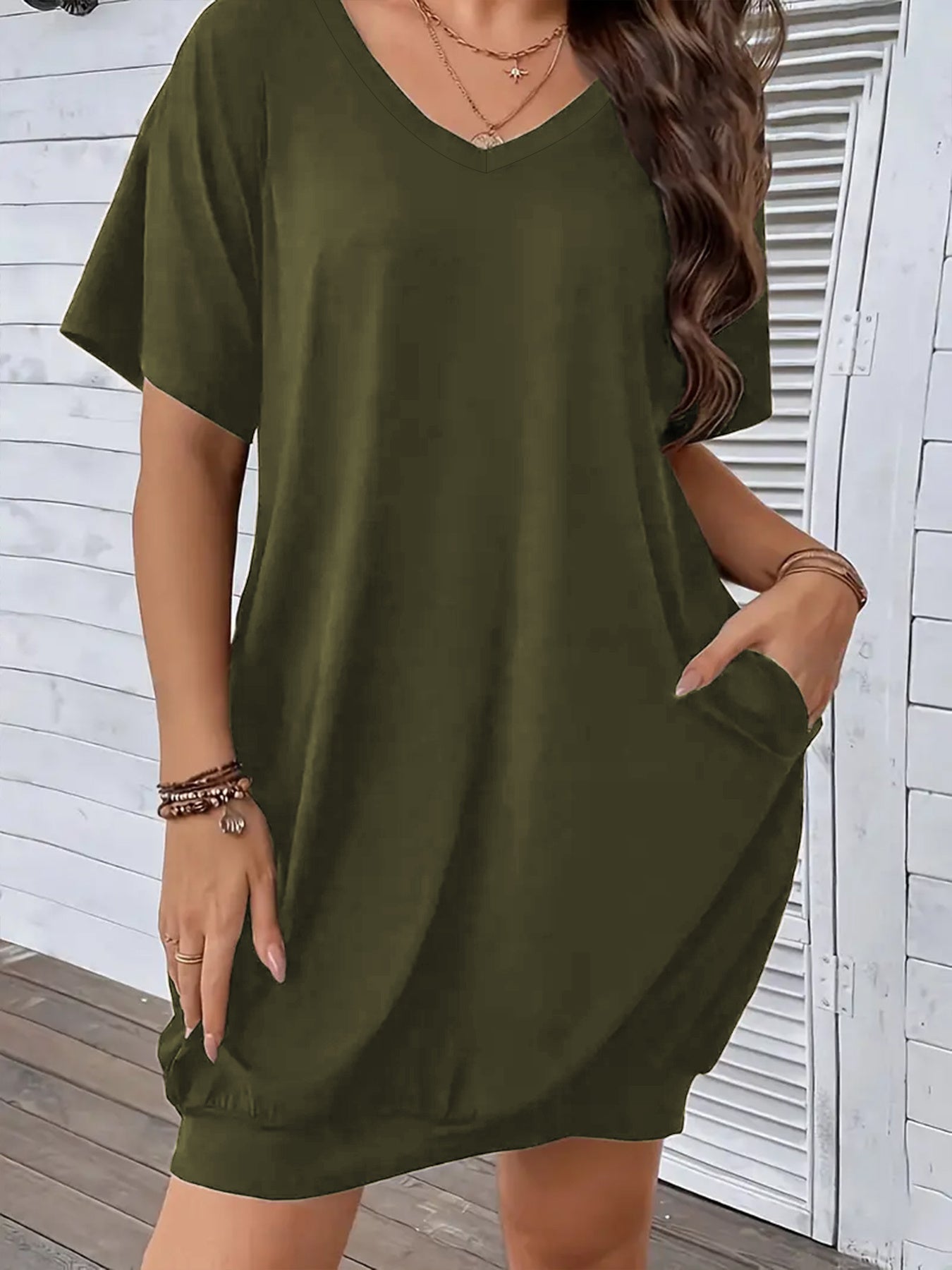 Plus Size Women's V-Neck T-Shirt Dress with Pockets Short Sleeve Casual Spring Summer Fall
