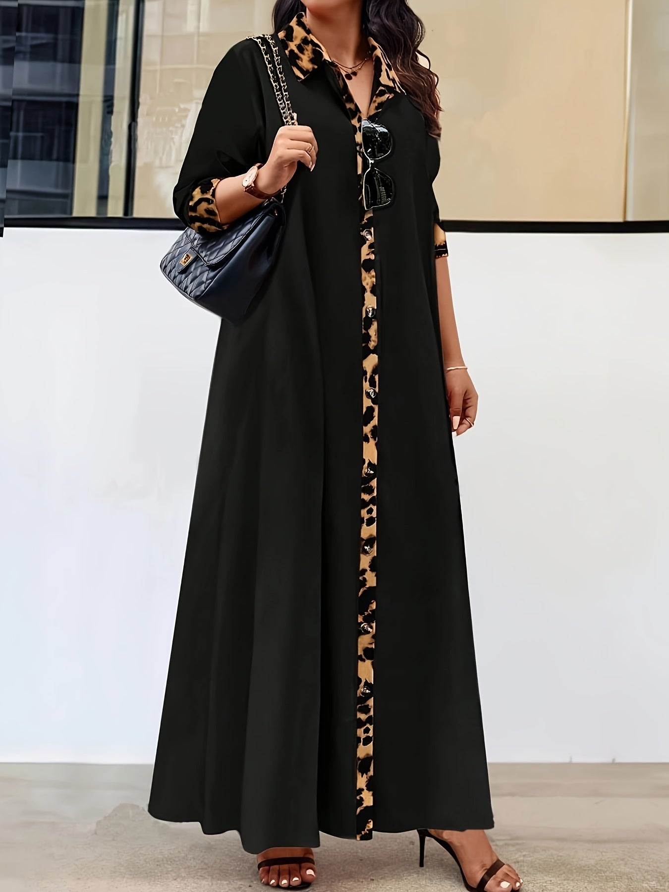 Plus Size Leopard Print Maxi Dress with Long Sleeve Button-Up Collar