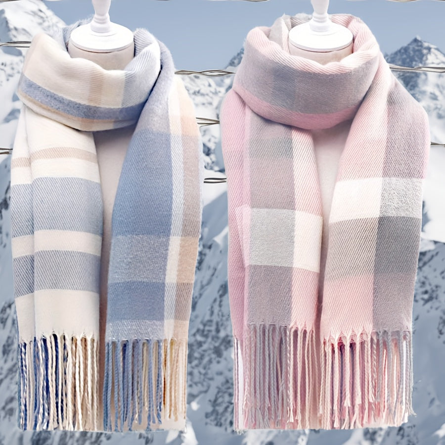 Striped Acrylic Scarf for Women with Tassels Knitted Warm Windproof Casual