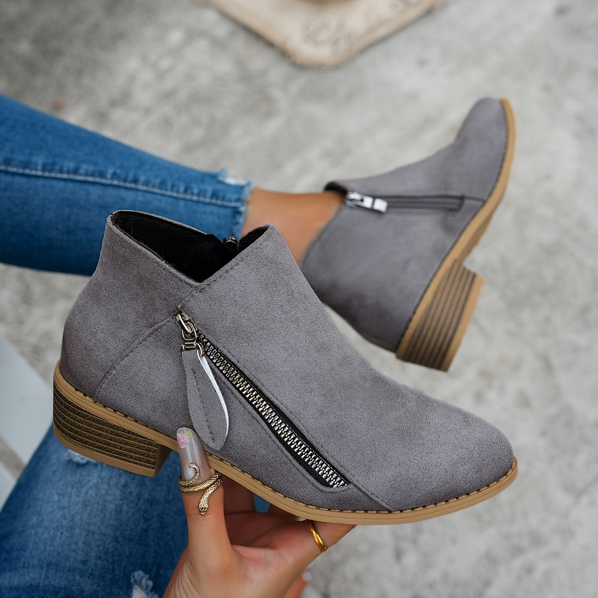 Women's Velvet Ankle Boots, Chunky Heel, Pointed Toe, Side Zipper