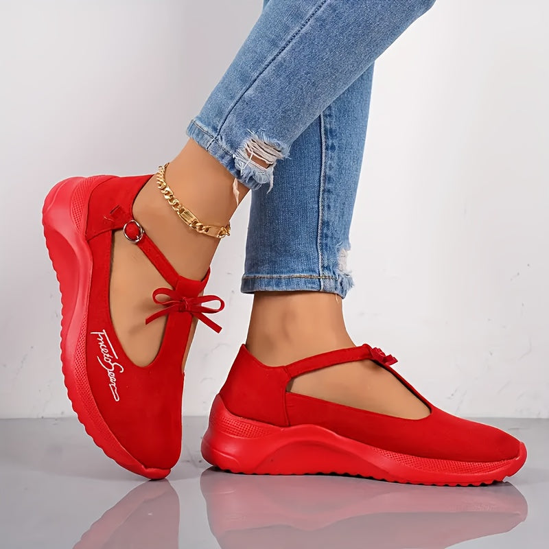 Women's Red Casual Sneakers Low-Top Ankle Strap Round Toe Soft Fabric EVA Sole