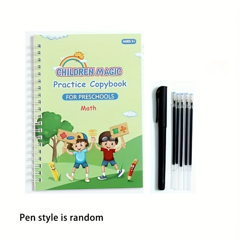 Conjunto de práctica de escritura educativa para niños en edad preescolar, cuaderno encuadernado en espiral con bolígrafo, alfabeto, números y suma