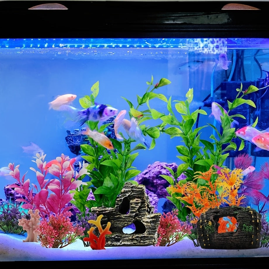 15pcs Fish Tank Decorations Resin Broken Barrel Cave Rock Plastic Plants